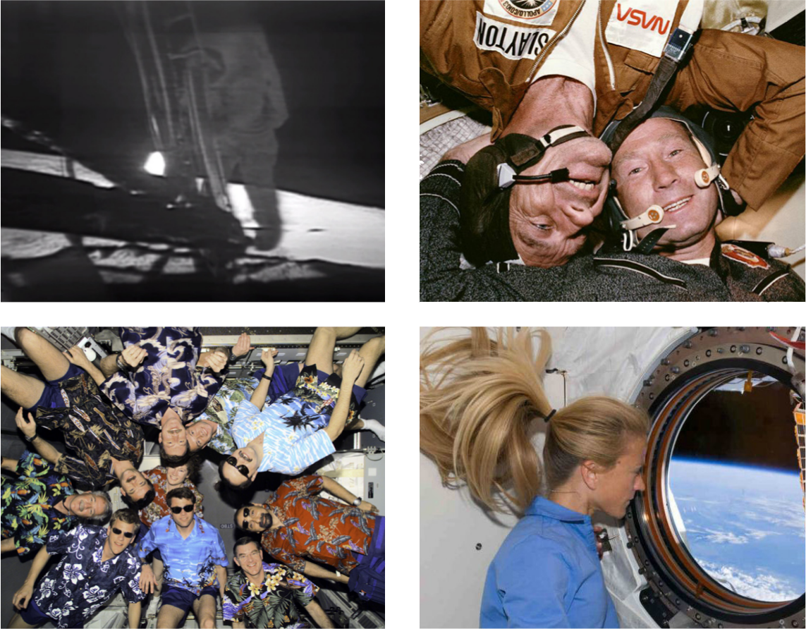 “Certaines images resteront à jamais gravées dans l’histoire spatiale. Vues et revues, elles en finissent par devenir de véritables émoticônes chargées d’émotions : Neil Armstrong posant le pied sur la Lune en 1969, cosmonautes russes et américains lors de l’amarrage historique de Soyouz et Apollo en 1975, des spationautes de multiples nationalités à bord de l’ISS ou l’astronaute Karen L. Nyberg contemplant la Terre dans le module Kibo de l’ISS. ©NASA” (Fiche ÉMOTICÔNE, figures et légende)